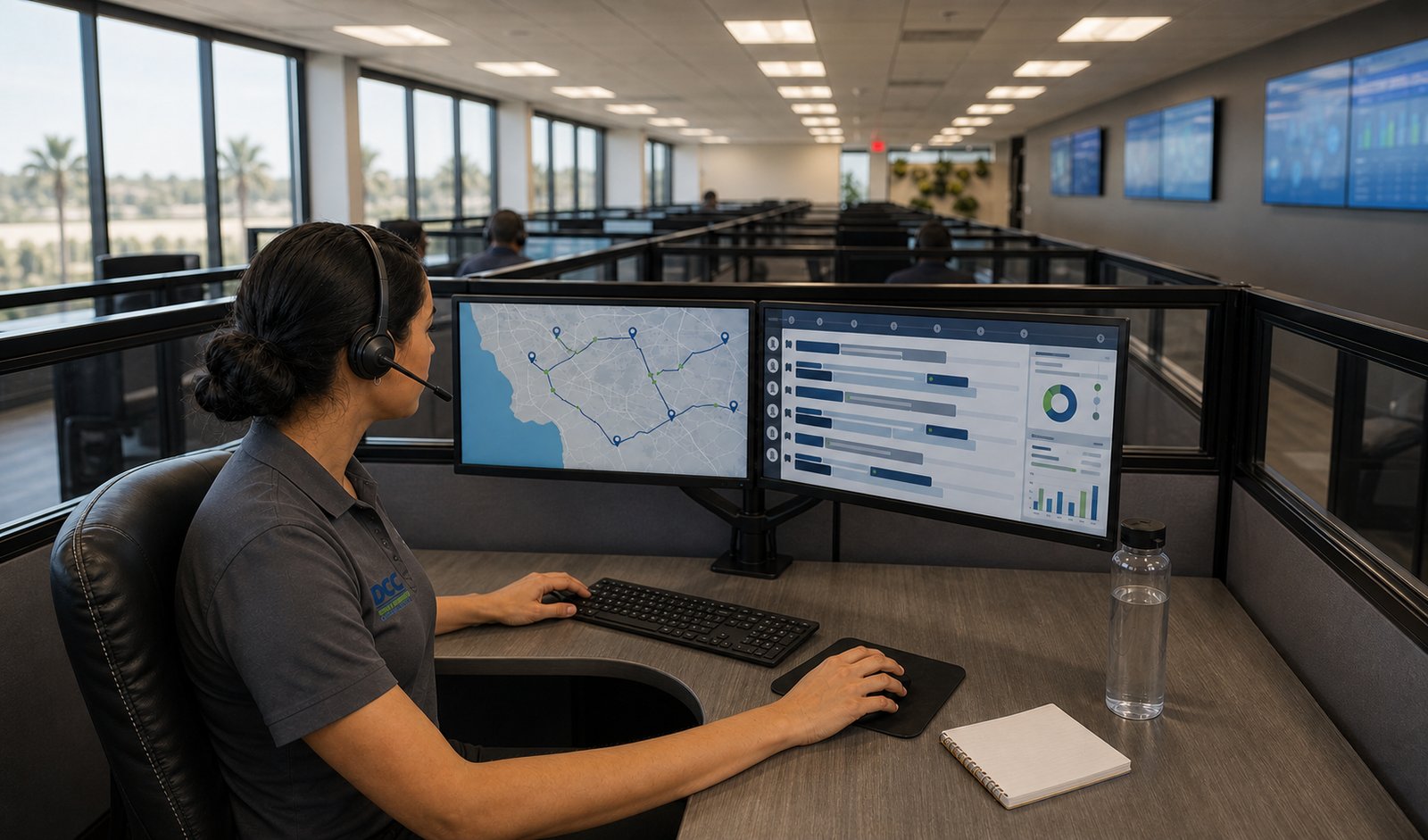 Dispatcher coordinating field routes on dual monitors in the Anaheim office