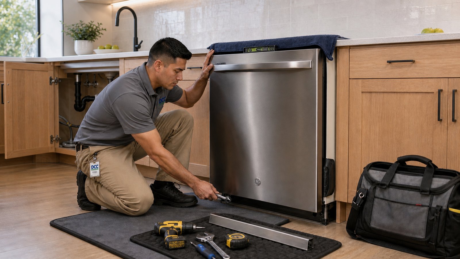 Panel-ready refrigerator sliding into a custom cabinet opening, two technicians guiding it