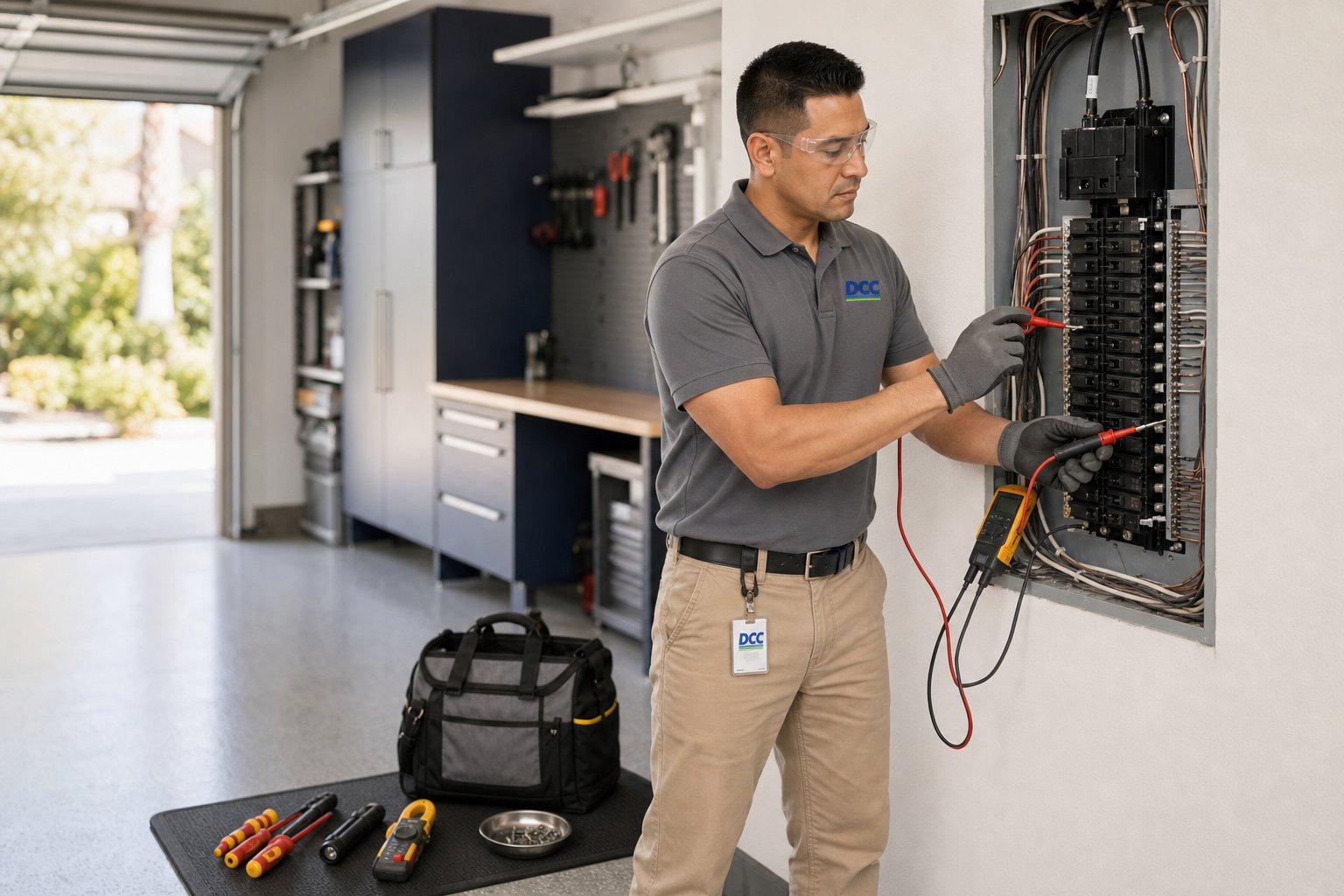 Electrician testing an open residential panel, safety glasses, voltage tester in hand