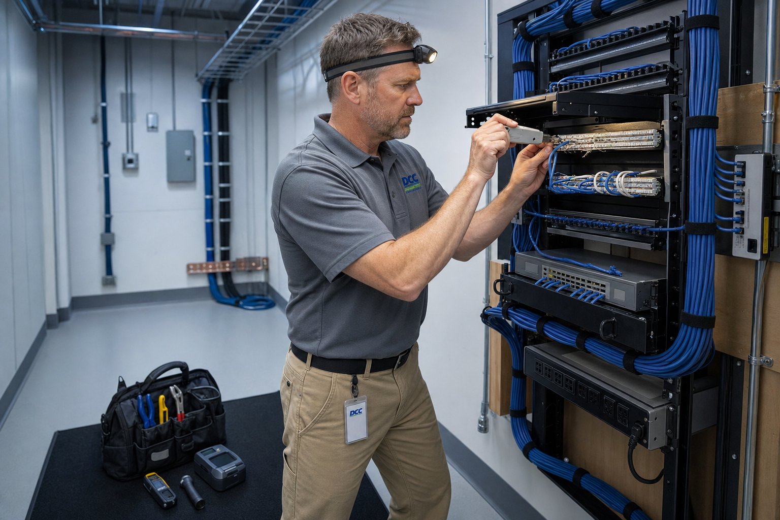 Technician terminating structured cabling in an MDU telecom closet