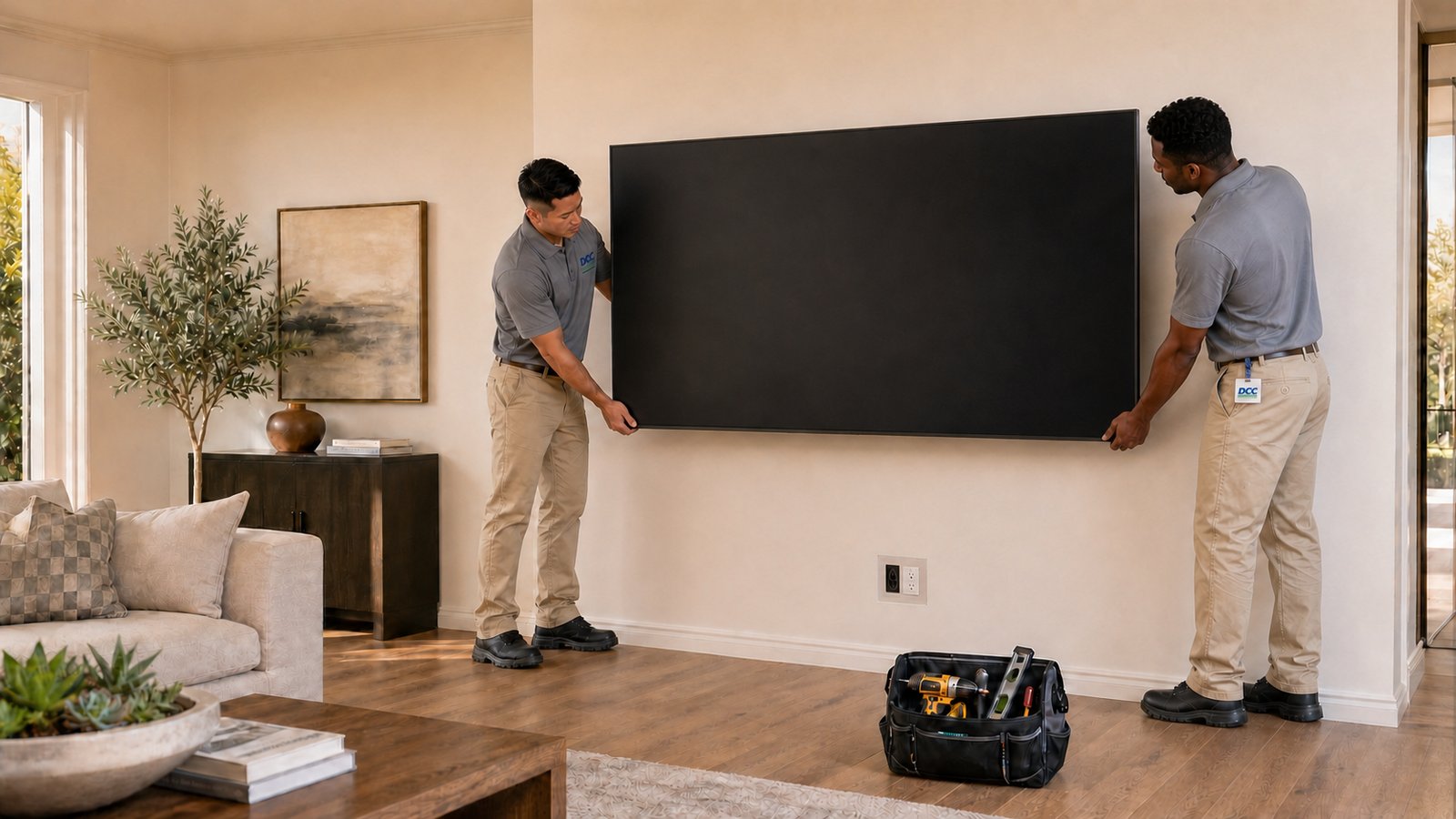 The reveal: mounted TV over a fireplace, zero visible cables, technician checking level