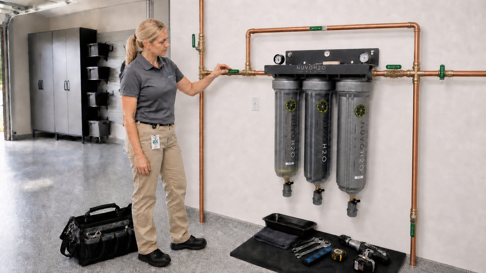 Finished whole-home softener install, clean pipe runs, technician making a final adjustment